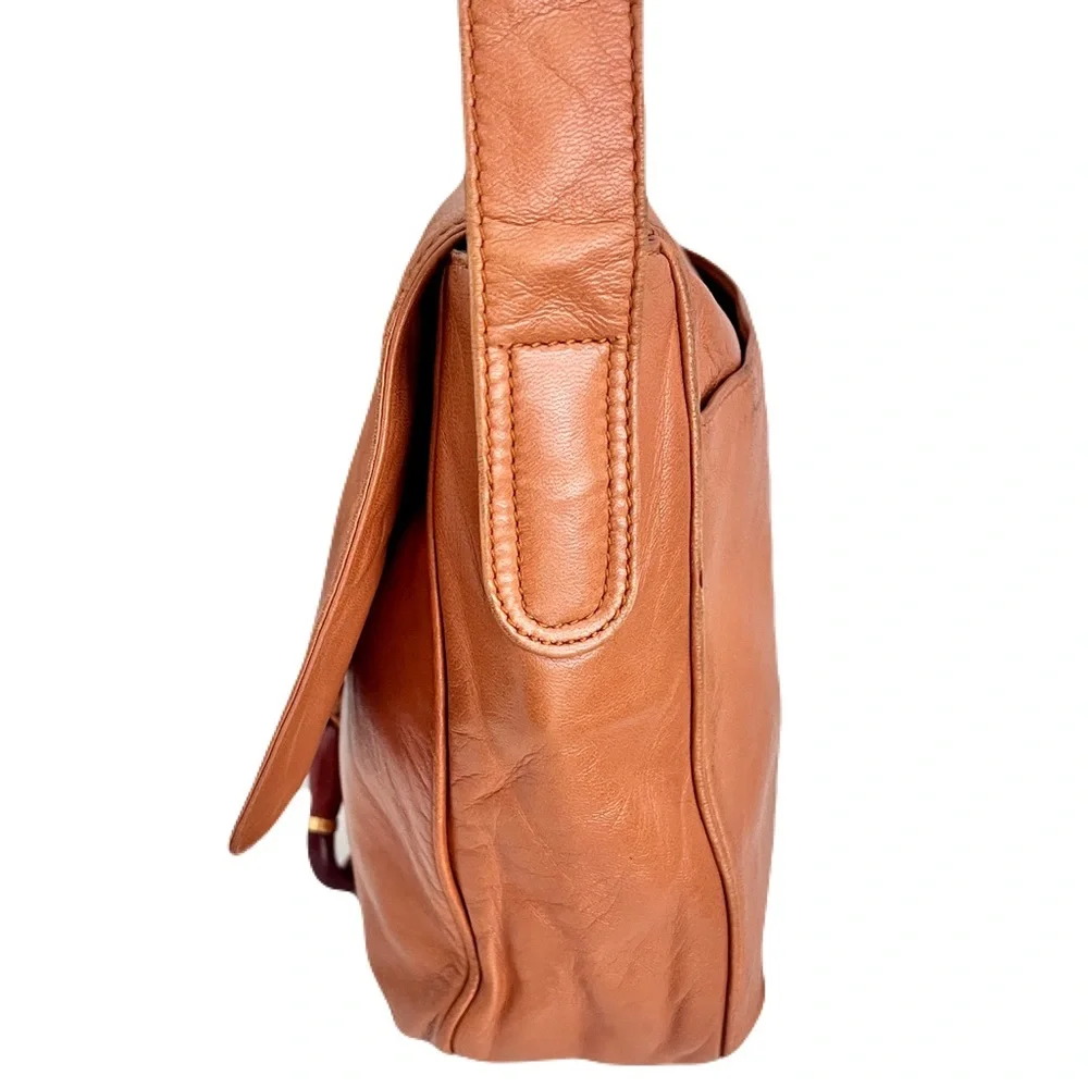 Vintage Loewe Amber Brown Leather Flap Shoulder Bag with Wooden Fishhook